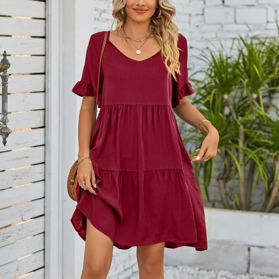 Women Dress V-Neck Short Sleeve T-Shirt Dress Babydoll Ruffles Casual Mini Dress