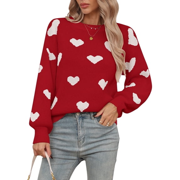 Cogild Women's Heart Pattern Knit Sweater, Long Sleeve Pullover with Lantern Sleeves, Soft Acrylic Crewneck Jumper for Fall & Winter, Cute White Knitwear for Valentine's Day & Everyday Outfits