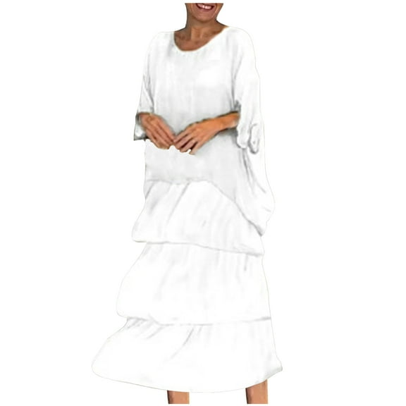 Women Dress Women Summer Fashion Short Sleeve Vent Round-Neck Casual Print Dress Boho Dresses for Women White XL