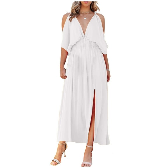 Women Dress Women's Off The Shoulder Short Sleeve Lace Up-neck Bohemian Fashion Solid Color High Waist And Ankle Dress Womens Summer Dress White L