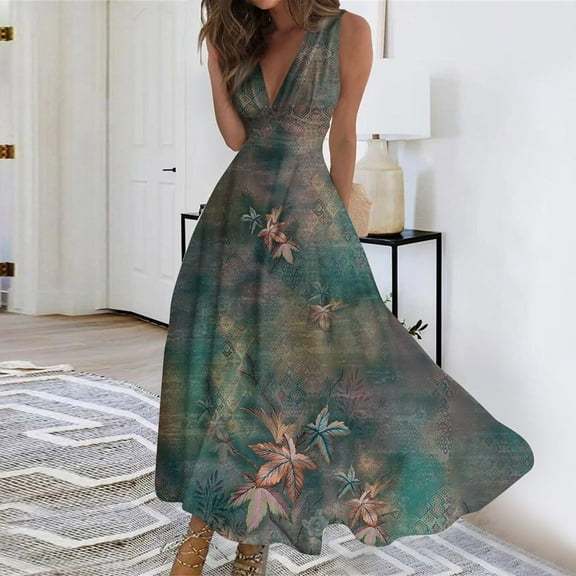 Women Dress Women's Summer Fashion Print V-Neck Sleeveless Waist Tie Dress