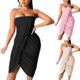 thumbnail image 1 of Women Dress Women's Summer Solid Wrapped Chest Shoulder Sexy Wave Pleated Hip Dress Beige qILAKOG Size XXL, 1 of 7