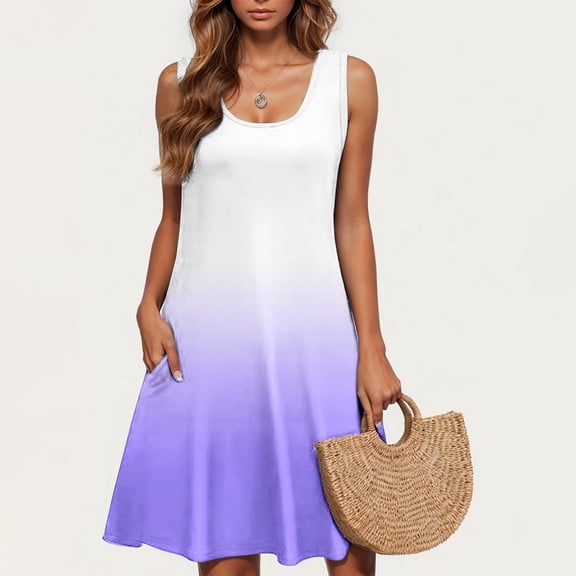 Women Dresses Under $10! Xqxayjr Womens Summer Flowy Dresses Aline Swing Cute Gradient Color Scoop Neck Holiday Dress Sleeveless Casual Loose Knee Length Trendy Wedding Guest Dresses