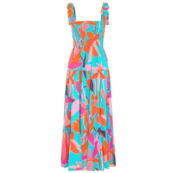 Women Dresses 2024 Summer Floral Sleeveless Maxi Dress Casual Spaghetti Strap Tiered Flowy Beach Long Dress