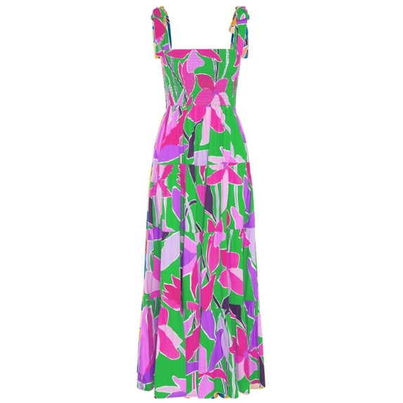 Women Dresses 2024 Summer Floral Sleeveless Maxi Dress Casual Spaghetti Strap Tiered Flowy Beach Long Dress