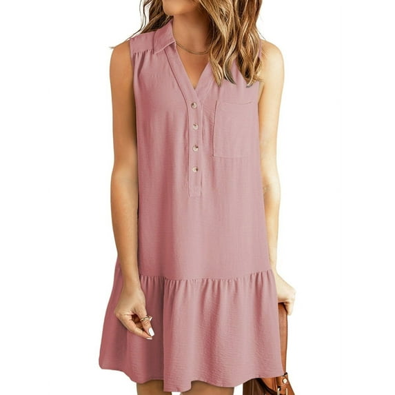 Women Dresses 2025 Spring Summer V-Neck Button Up Sleeveless Mini Sundress Tank Dresses with Pockets Pale Pinkish Gray S