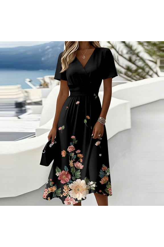 Women Dresses 2026 Floral Print Short Sleeve V Neck Empire Waist Mini Casual Dress Swing Flowy Sun Dress Light pink 3XL