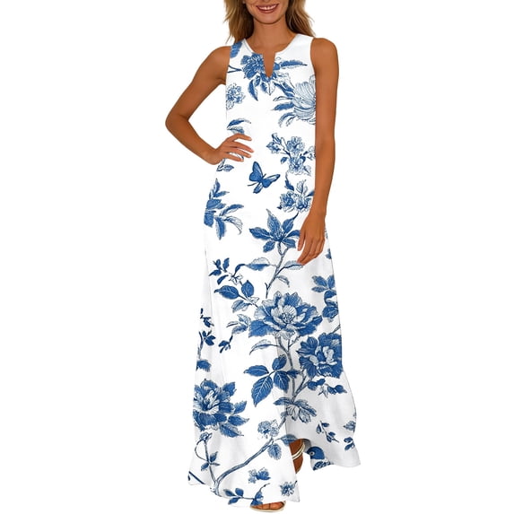 Women Dresses 2026 Summer Floral Sleeveless Maxi Dress Casual Tiered Flowy Beach Long Dress