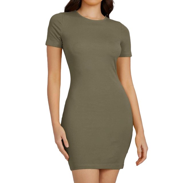 Women Dresses Casual Solid Round Neck Bodycon Dress Army Green L