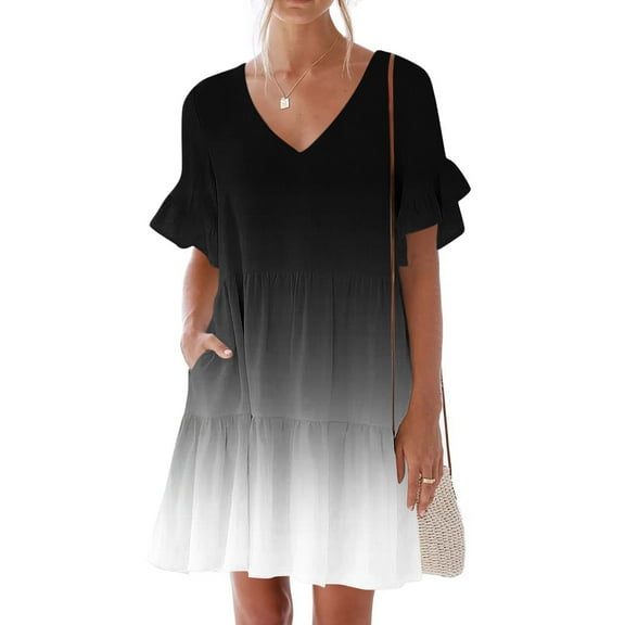 Women Dresses under $10! Cagogo Dresses for Women Summer 2025 V Neck Ruffle Sleeve A Line Tiered Flowy Casual Trendy Mini Beach Dress with Pockets
