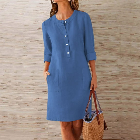 Women Dresses under $10! Cagogo Linen Cotton Dress for Women Button Shirt Dress Long Sleeve Round Neck Dressy Casual Mini Dresses with Pockets