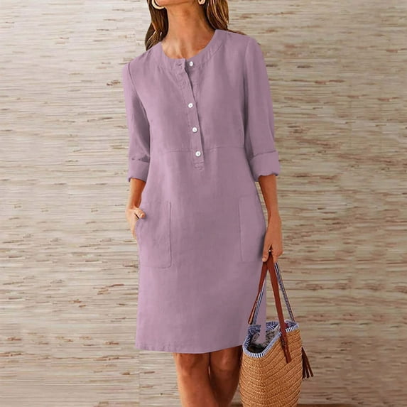 Women Dresses under $10! Cagogo Linen Cotton Dress for Women Button Shirt Dress Long Sleeve Round Neck Dressy Casual Mini Dresses with Pockets