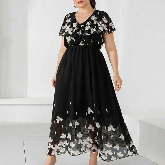 Women Dresses under $10! Cagogo Plus Size Wedding Guest Dresses for Women Summer Casual A-Line Lace Flowy Cocktail Party Dress Maxi Long Church Dresses