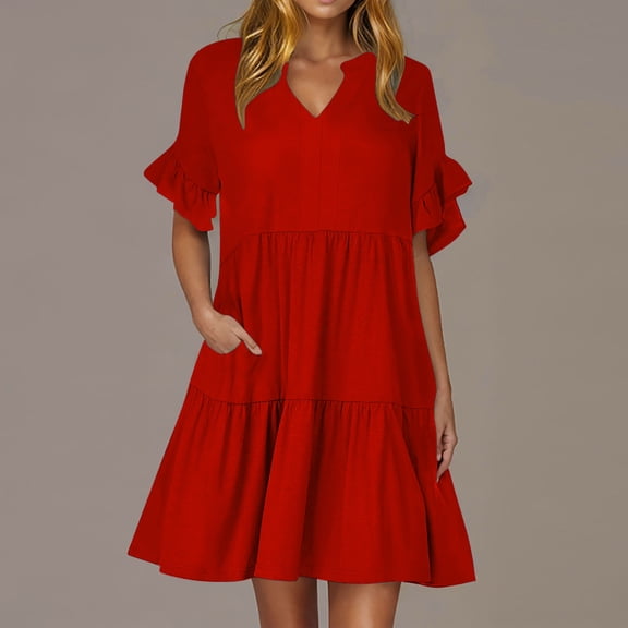 Women Dresses under $10! Cagogo Summer Midi Dresses for Women V Neck Ruffle Short Sleeve A Line Tiered Flowy Sundress Casual Trendy Beach Vacation Party Boho Dress with Pockets