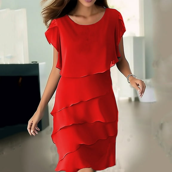 Women Dresses under $10! Cagogo Women's 2025 Summer Short Sleeve Dresses Plus Size Ruffle Tiered Layered Pleated A Line Swing Mini Tunic Dress Beach Party Dresses