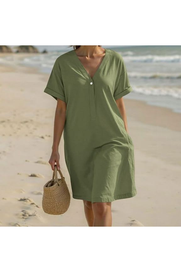 Women Dresses under $10! Cagogo Women's Cotton Linen Midi Dresses Summer Short Sleeve Comfy Sundresses Beach Wear Trendy Vacation Clothes 2025