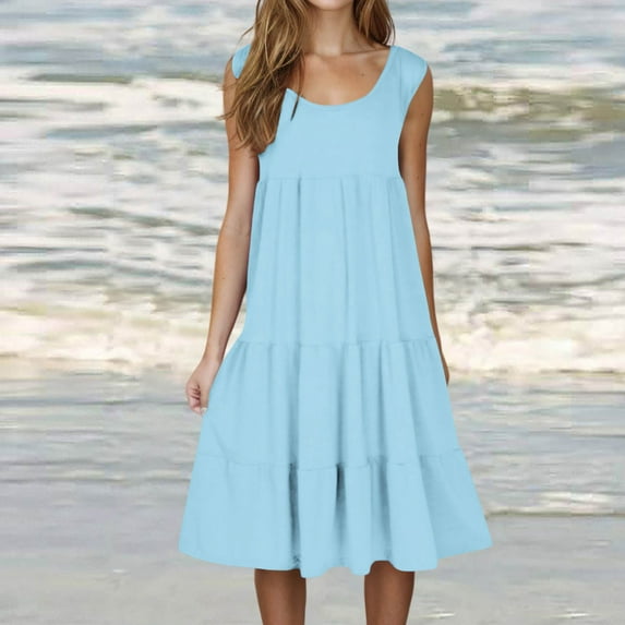 Women Dresses under $10! Cagogo Women's Summer Casual Sleeveless Scoop Neck Midi Dresses Trendy Fashion Flowy A-line Tiered T Shirts Boho Beach Vacation Graduation Sundress