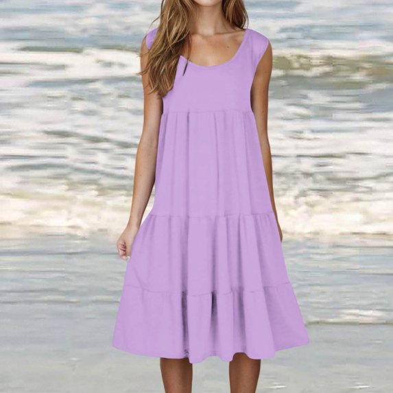 Women Dresses under $10! Cagogo Women's Summer Casual Sleeveless Scoop Neck Midi Dresses Trendy Fashion Flowy A-line Tiered T Shirts Boho Beach Vacation Graduation Sundress