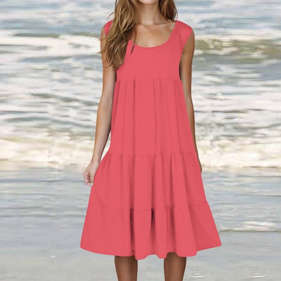 Women Dresses under $10! Cagogo Women's Summer Casual Sleeveless Scoop Neck Midi Dresses Trendy Fashion Flowy A-line Tiered T Shirts Boho Beach Vacation Graduation Sundress