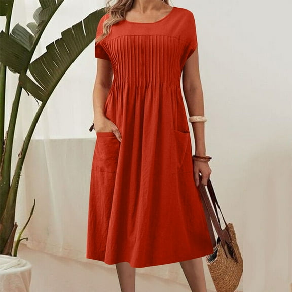 Women Dresses under $10! Cagogo Women's Summer Short Sleeve Round Neck Midi Dress Shirred Front Casual T-Shirt Dressa A-Line Flowy Dress with Pocket