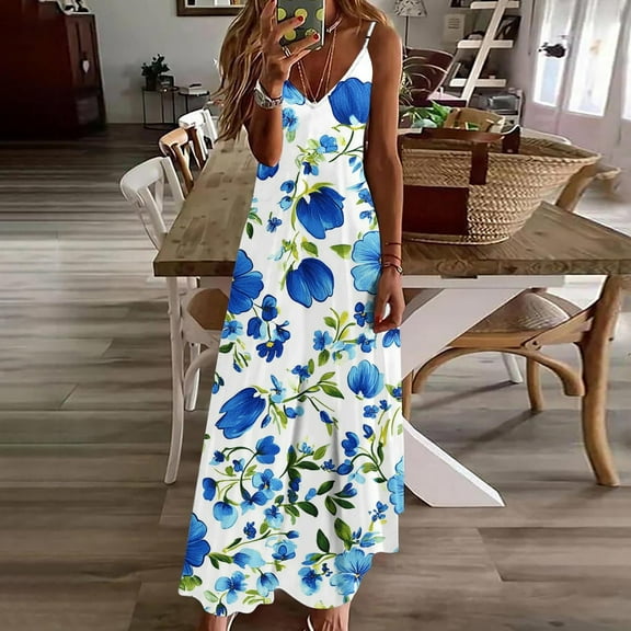 Women Dresses under $10! Cagogo Womens Flowy Maxi Dress Sleeveless Spaghetti Strap Summer Floral Boho Sundresses Casual Loose Long Beach Vacation Sun Dresses
