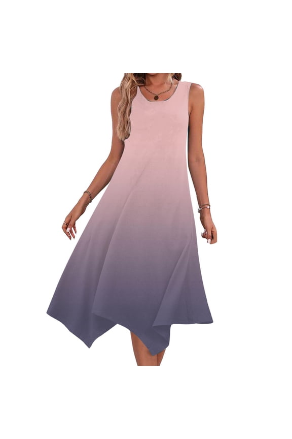 Women Dresses under $10! Cagogo Womens Summer Sleeveless Dresses Casual Gradient Color A-line Flowy Tank Sundress Beach Vacation Hankerchief Flare Midi Wedding Guest Dresses