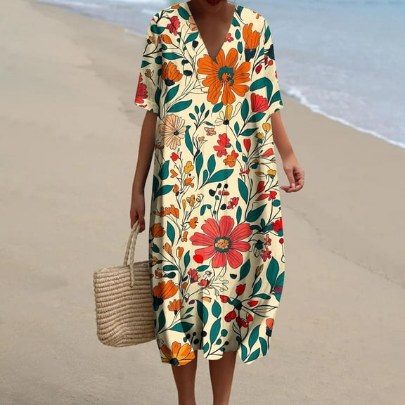 Women Dresses under $10! Xqxayjr Boho Midi Sun Dress for Curvy Women Floral Printed Linen V Neck Holiday Dresses Summer Plus Size Casual Flowy Loose Trendy Beach Vacation Dress