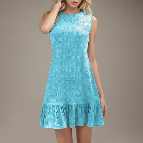 Women Dresses Under $10! Xqxayjr Ladies Summer Mini Sundresses Sleeveless Ruffle Tank Tshirt Spring Dresses Pleated Casual Loose Aline Swing Crew Neck Holiday Vacation Dress