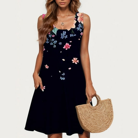 Women Dresses Under $10! Xqxayjr Summer Tank Midi Dresses for Women Floral Print Plus Size T-Shirt Wedding Guest Dresses Sleeveless Flowy Swing Knee Length Cute Beach Party Dress