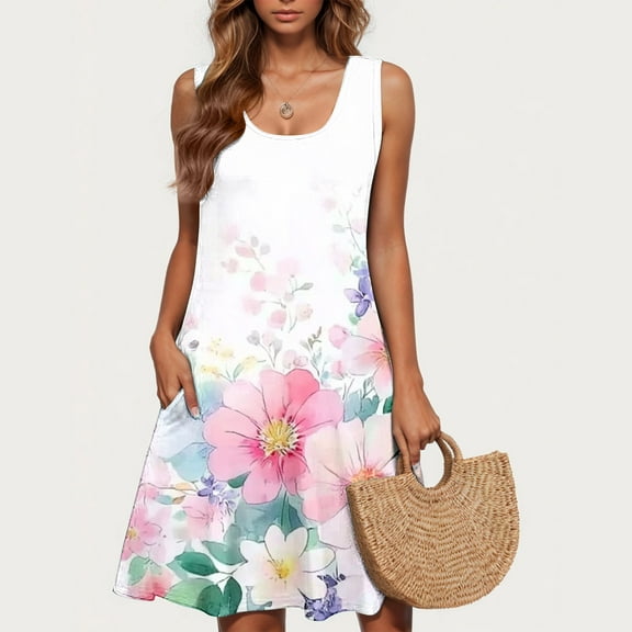 Women Dresses Under $10! Xqxayjr Summer Tank Midi Sun Dress for Women Knee Length Sleeveless Floral Print T-Shirt Wedding Guest Dresses Flowy Swing Plus Size Cute Beach Party Dress
