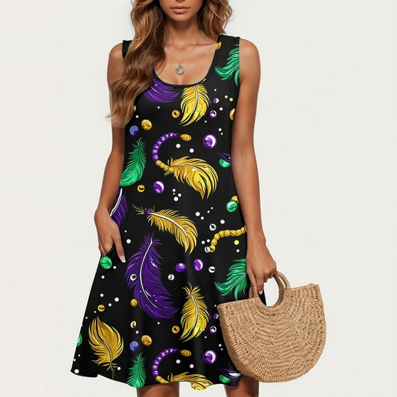 Women Dresses Under $10! Xqxayjr Women Mardi Gras Sundress with Pockets Flowy Swing Summer Casual Sleeveless Scoop Neck Beach Dress Knee Length Carnival Parade Party Trendy Graduation Dress