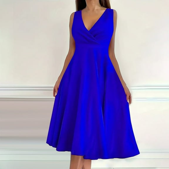 Women Dresses under $10! Xqxayjr Women Summer A-Line Formal Dress Sleeveless Wrap V Neck Elegant Flared A Line Midi Sundress Club Cocktail Party Dress
