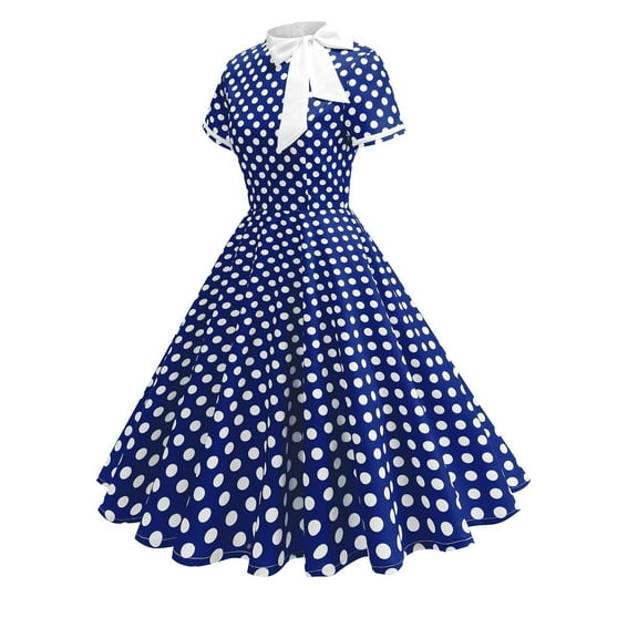 Women Dresses under $10! Xqxayjr Women's 1950s Vintage Audrey Hepburn Style Cocktail Swing Dresses Short Sleeve Tie Neck Flowy A-Line Dress Midi Prom Dress