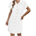 thumbnail image 1 of Women Dresses Under $10! Xqxayjr Women's Button Down Shirt Sun Dress V-Neck Casual Short Sleeve Cute Holiday Vacation Dress Mini Cotton Linen Tunic Dresses, 1 of 9