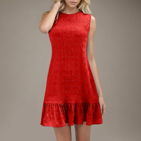 Women Dresses Under $10! Xqxayjr Women's Summer Mini Dress Aline Swing Ruffle Casual Loose Tank Tshirt Spring Dresses Sleeveless Pleated Crew Neck Holiday Vacation Dress
