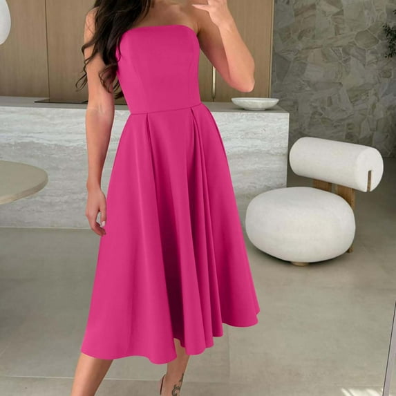 Women Dresses under $10! Xqxayjr Womens Summer Cocktail Dress Stretch Wrinkle-Free Elegant Strapless Tube Formal Evening Party Skater Midi Dress