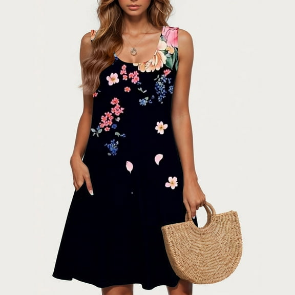 Women Dresses Under $10! Xqxayjr Womens Summer Tank Midi Sundress Plus Size Floral Print Sleeveless Casual Graduation Dress Flowy Swing Knee Length Scoop Neck Spring Dresses