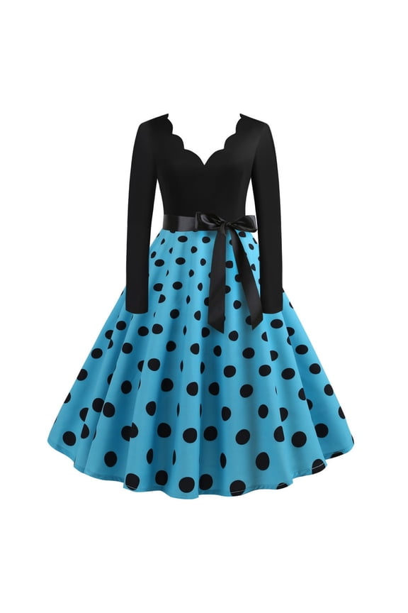 Women Dresses ,Ladies 1950s Dresses Elegant Vintage Deep V Neck Long Sleeve Retro Cocktail Swing Rockabilly Dresses Floral Style Midi Dress Tea Party Evening Prom Dresses with Belt