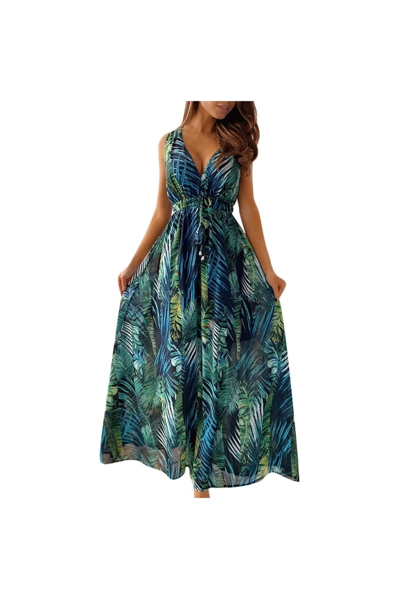 Women Dresses ,Ladies Beach Dress Elegant Summer Boho Sleeveless Hawaiian Dress Sling Mid-Waist V-Neck Ethnic Print Slim Maxi Dresses Evening Party Blackless Casual Sexy Dress
