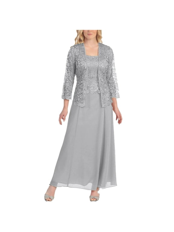 Women Dresses Mother of The Bride Dress for Wedding 2 Pieces Lace Cardigan Set Maxi Dresses Casual Solid Sleeveles Chiffon Work Dress Half Sleeve Party Evening Long Dresses