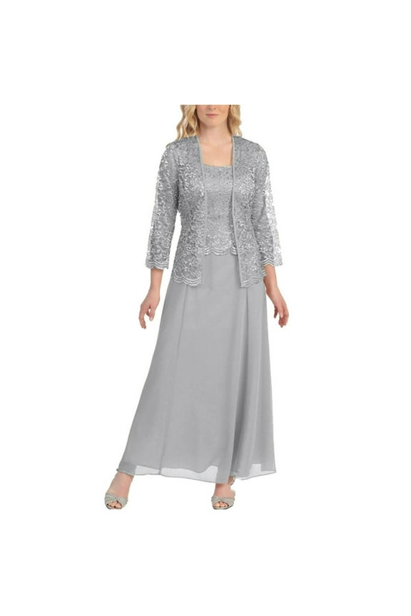 Women Dresses Mother of The Bride Dress for Wedding 2 Pieces Lace Cardigan Set Maxi Dresses Casual Solid Sleeveles Chiffon Work Dress Half Sleeve Party Evening Long Dresses