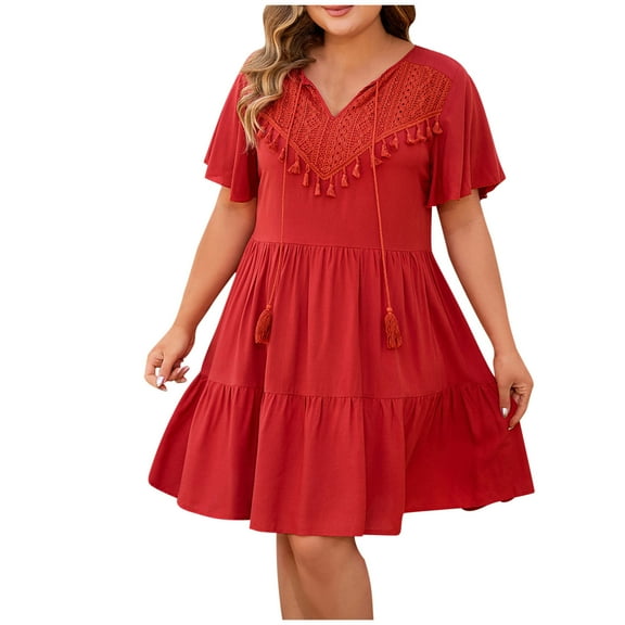 Women Dresses Summer Dresses for Women 2025 Maxi V-neck Short Sleeved Slim Hem Patchwork Cake Ethnic Style Casual Dress