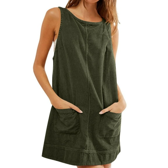 Women Dresses Under $10! Xqxayjr Women's Corduroy Overall Dress Round Neck A Line Skirtall Jumper Mini Dress Pinafore with Pockets