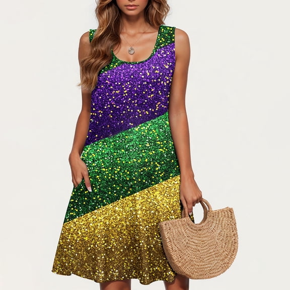Women Dresses Xqxayjr Mardi Gras Dresses with Pockets for Curvy Women Flowy Swing Summer Casual Tshirt Spring Dresses Knee Length Sleeveless Carnival Parade Party Cute Holiday Dress