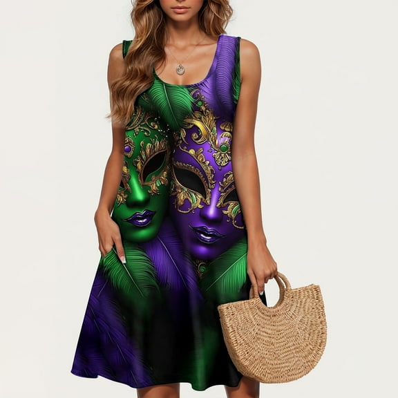 Women Dresses Xqxayjr Mardi Gras Sundresses with Pockets for Women Sleeveless Carnival Parade Party Summer Casual Scoop Neck Spring Dresses Flowy Swing Knee Length Trendy Holiday Dress