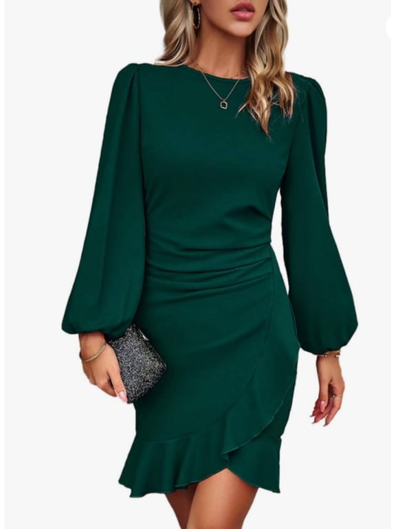 Women Dresses Elegant Cocktail Dresses Long Puff Sleeve Bodycon Ruffle Hem Ladies Party Dress