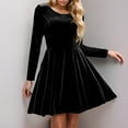 thumbnail image 1 of Women Dresses Fall Winter Dresses Long Sleeve Round Neck Casual Solid Color Closed Temperament Flowy Pleated Dressy Bump Friendly Bodycon Dress Black S-2XL, 1 of 8