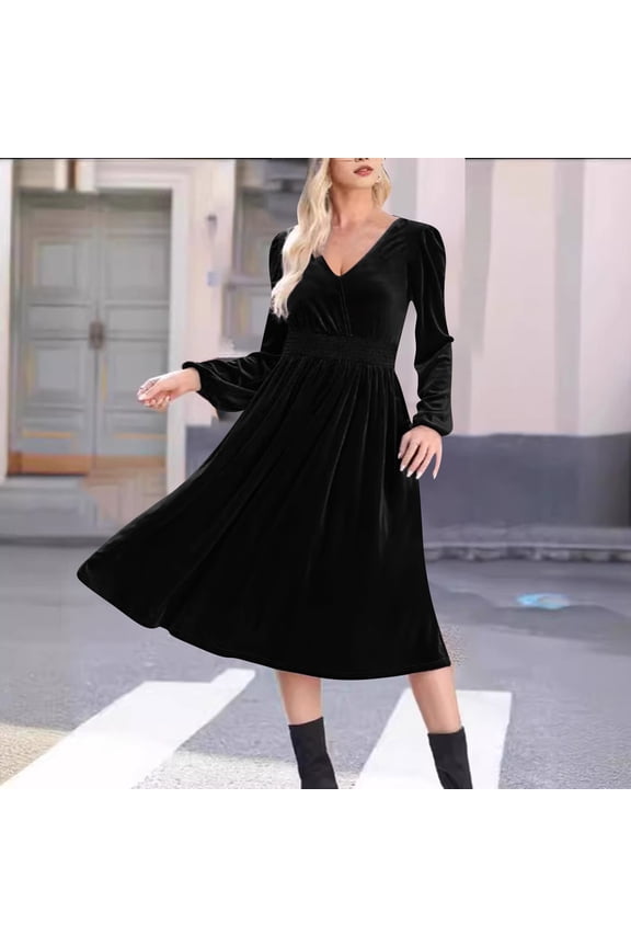 Women Dresses Fall Winter Dresses Long Sleeve Round Neck Casual Solid Color Closed Temperament Flowy Pleated Dressy Bump Friendly Bodycon Dress Black S-2XL