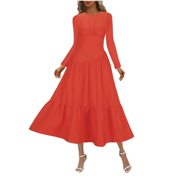 Women Dresses Fall Winter Round Neck Casual Trendy Elegant Loose Long Sleeve Tapered Waist Maxi Date Night Dressy Dresses for Curvy Women Watermelon Red S-3XL