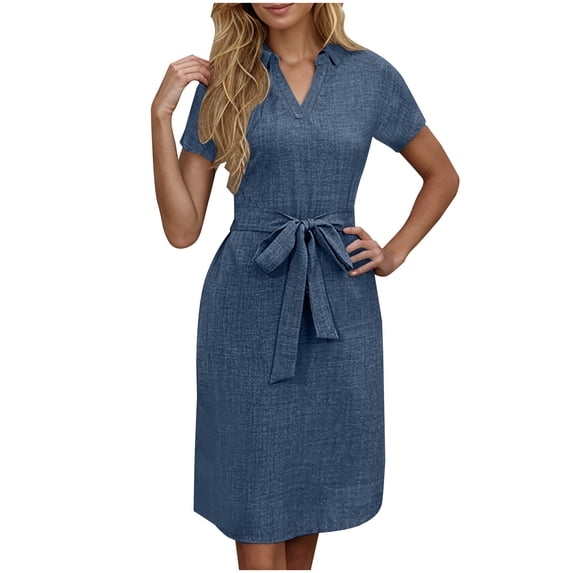 Plus Women Dresses Summer Fashion Solid Color V-neck Solid Color Short-sleeved Bow Belt Summer Dress Casual Beach Party Dress